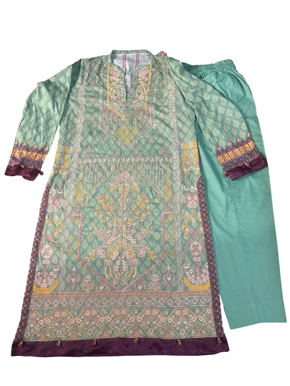 Embroidered Mint Green & Magenta Printed Ethnic Kurta Set